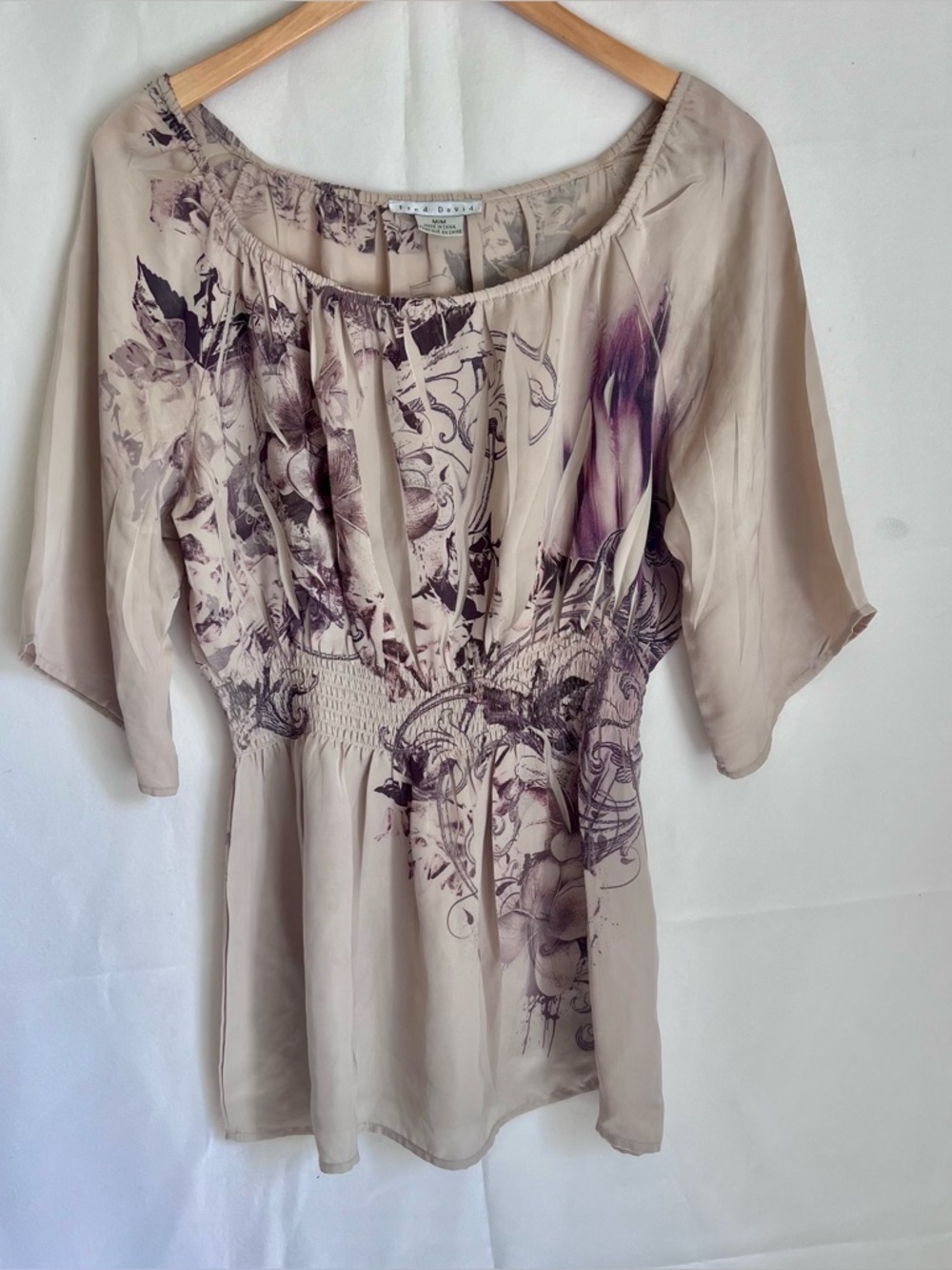Fred David Beige Tunic with Purple Floral Print and elastic Waist Size M